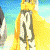 Animated sequence showing a character in yellow armor with 'IN' on the back, transitioning from back view to front view against blue sky background.