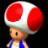 A 4-frame contact sheet of a pixelated Toad character from Mario games, shown in different poses with red-and-white mushroom cap and blue overalls against black background.