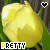 Yellow flower bud with green leaves and brown background, text "PRETTY" below, heart symbols above, animated heart changes.