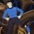 Pixelated static image of a blue-shirted figure with light-colored hair against a dark brown background.