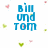 Blue pixelated text "Bill und Tom" centered on white background with scattered pink and green heart-shaped pixels.