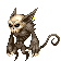 Pixel art creature with skeletal face, red eyes, yellow ear accents, and curled tail in four distinct poses against gray background.