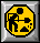 Pixelated yellow circular icon with black silhouette of a figure lifting weights, set against silver frame background.