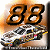Static pixelated icon featuring large brown numerals "88" above a blurred racing car scene with orange and white tones.