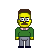 Pixelated character with yellow skin, brown hair, and glasses wearing a green sweater over pink shirt and gray pants.