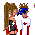 Pixelated cartoon characters with a girl in black top and boy in white shirt stand beside two adults, all on black background with red text fragments.