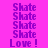 Pixelated purple text 'Skate' and 'Love!' on bright pink background with yellow horizontal bars in two vertical