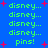 Blue background with green 'disney...' text and red plus signs, repeating in a pattern with 'pins!' text in the center of each section
