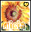 Pixelated sunflower with warm yellow and orange background, heart symbol in top-right corner, 'Alicia' text at bottom.
