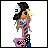 Pixel art character with black and white cap, blonde hair, purple outfit holding pink teddy bear on white background; adjacent panels show solid pink and gray backgrounds.