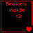 Four red-bordered black squares display "Broken inside" text with a heart symbol, showing animation changes in the heart's appearance across frames.