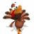 Animated turkey with brown body, orange beak and feet, red bandana, and fanned tail feathers in six sequential poses.