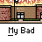 A contact sheet of 14 animated frames showing a pixel art icon with repeated "My Bad" text and a yellow stick figure character against a brick building background.