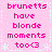 Pink pixelated text on a pink background with white snowflake borders, repeating 'brunetts have blonde moments too<3' in four quadrants.