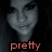 A grayscale image of a person with long dark hair, overlaid with red text reading "pretty" and partial "rett" in different positions.