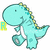 Cyan cartoon dinosaur with yellow spines and gray feet holds a bucket, positioned in six views with varying text overlays