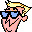 Pixelated cartoon character with pink body, blue sunglasses, yellow hair, and black outlines on gray background.