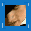 25 identical animated frames showing a person in historical attire with a white ruffled collar, holding a white handkerchief to their nose against a blue background