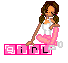 Pixelated girl with brown pigtails in white tank top and pink polka-dot pants sits cross-legged, holding a small object.