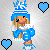 Pixelated character in blue and white outfit with heart symbols and stylized text on gray background.