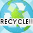 Pixelated globe with green landmasses and blue oceans, overlaid by a white banner reading 'RECYCLE!!' in black text, next to green pixelated text on black background saying 'Save the Trees!'