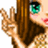 Pixelated anime-style character with brown hair and green eyes making a peace sign, next to the word "Peace" in pixel font.