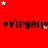 Red background with repeated black text 'virgen' flanked by heart symbols, scattered white and pink stars, and a gray rectangle in the bottom-right corner.