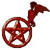 Red devil figure perched atop a brown pentagram, wings spread in one frame and folded in the next.