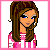 Pixel art contact sheet showing a female character in multiple poses with pink and white striped top, blue jeans, brown hair, bubblegum, and text "i LuV gymNaStics".