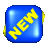 Blue rounded square icon with yellow 'NEW' text, rotating through multiple angles against gray background.