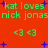 Red background with green text reading 'kat loves nick jonas' and green '<3 <3' symbols, scattered blue plus signs, and small blue dots.