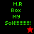 Green pixelated text 'M.R Rox MY SoX!!!!!!!!!!' on black and red backgrounds with a small star icon.