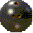 Pixelated circular icon with dark green and blue background, two white glowing squares with yellow centers, and scattered brown, black, and gray pixels.