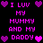 Pixelated text and heart symbols in pink and purple on black background, arranged in repeating vertical with alternating heart colors