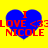Blue heart shape with red text "I LOVE <3 NICOLE" on yellow background, four identical copies arranged in a