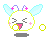 Pixel art character with light blue wings, purple antennae with pink stars, and pink blush marks on cheeks.