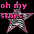 Pixelated pink text 'oh my stars' overlaid on a silver star-shaped disco ball against black background.