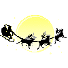 Pixelated animation of Santa's sleigh with reindeer silhouettes against a yellow moon and gray background, showing sequential movement