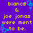 Yellow text on purple background reads "bianca & joe jonas were ment to be." with blue square patterns.