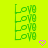 Green 'LOVE' text repeats vertically in three on bright yellow background with pink pixel hearts, one heart per