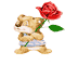 Pixelated teddy bear in blue overalls holds red rose with green leaves, standing against gray background.