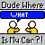 Pixelated character with white head and yellow shirt appears in three , each showing different blue speech bubbles with text like WHAT DOES MINE SAY? SWEET!!! DUDE!! over gray background