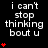 Black background displays white text 'i can't stop thinking bout u' with red heart symbols increasing from one to five vertically on the right side of each repeated phrase.