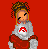 Pixel art animation of a female character in red and white sports attire with a Poké Ball logo on her shirt, displayed as a contact sheet with two visible frames against a solid red background.