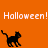 Pixelated black cat walking on orange background with repeated "Halloween!" text in white pixel font.