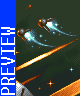 Pixel art scene with two glowing projectiles against dark green background, orange diagonal lines, and blue stars; vertical blue banner on left reads PREVIEW.