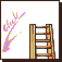 Pixel art image showing a purple and yellow flower-like shape on the left, next to a wooden ladder with brown, red, and blue accents against a white background.