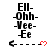 Pixelated text 'Ell-Ohh-Vee-Ee' with left and right arrows, red heart symbols on dashed lines in a