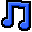Five pixelated musical notes in blue, red, yellow, pink, and purple with black outlines on a gray background.