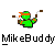 Pixelated green character with orange headband and brown limbs holding a white object, standing above stylized text on gray background.